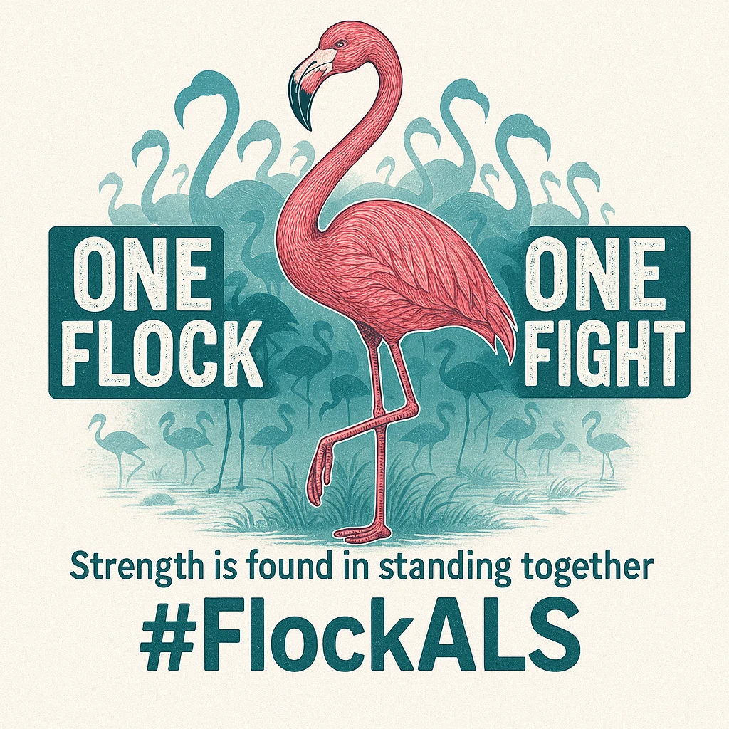 FlockALS logo featuring a pink flamingo, One Flock One Fight, and Strength is found in standing together